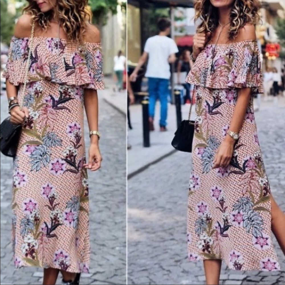 Zara Tropical Floral Off The Shoulder Dress